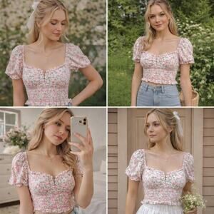 Alice + Olivia Floral Smocked Crop Top Puff Sleeve Cottagecore Romantic Small